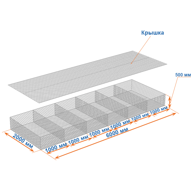 Габион матрац  ГСИ-М 6х2х0,5 оцинкованный / ЦП, Ø проволоки 2,4/3,4 мм, размер ячейки 6х8 см фото