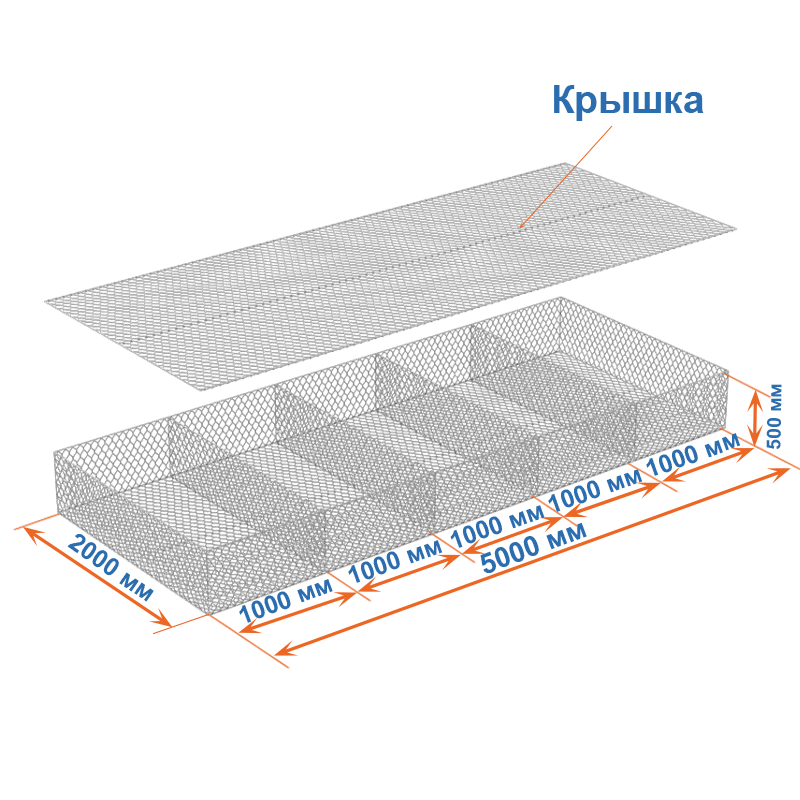 Габион матрац  ГСИ-М 5х2х0,5 оцинкованный / ЦП, Ø проволоки 2,7/3,7 мм, размер ячейки 8х10 см фото