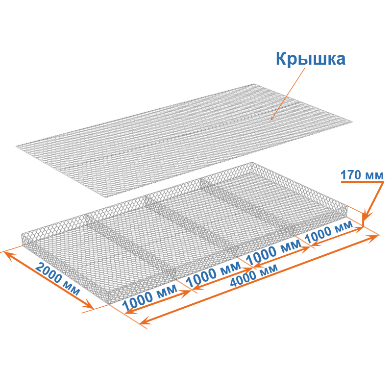 Габион матрац ГСИ-М 4х2х0,17 оцинкованный, Ø проволоки 2,7 мм, размер ячейки 8х10 см фото